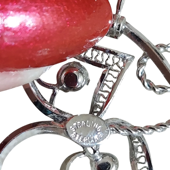 Vintage Sterling Silver Aurora Borealis Filigree Heart Brooch Pin - Picture 3 of 12